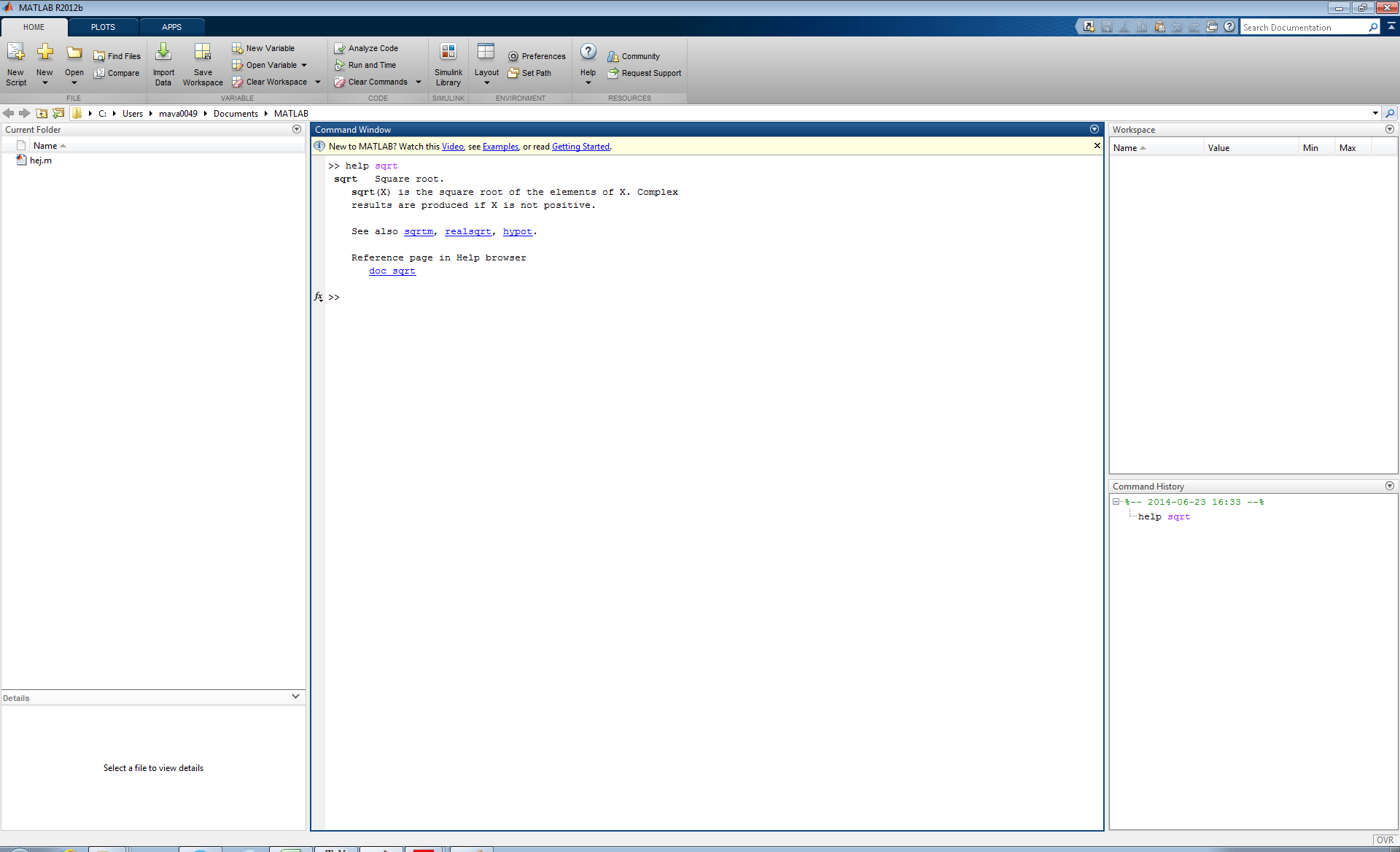 1 INTRODUKTION TILL MATLAB 6 Figur 5: En hjälpande text om sqrt som MATLAB returnerar efter kommandot help sqrt.