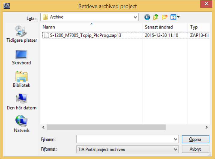 6. Installera och konfigurera Plc-programmet i S-1200 Starta TIA Portalen genom att klicka på dess ikon på skrivbordet Hämta (Retrive) Plc-programmet S-1200_M7005:Tcpip_PlcProg.