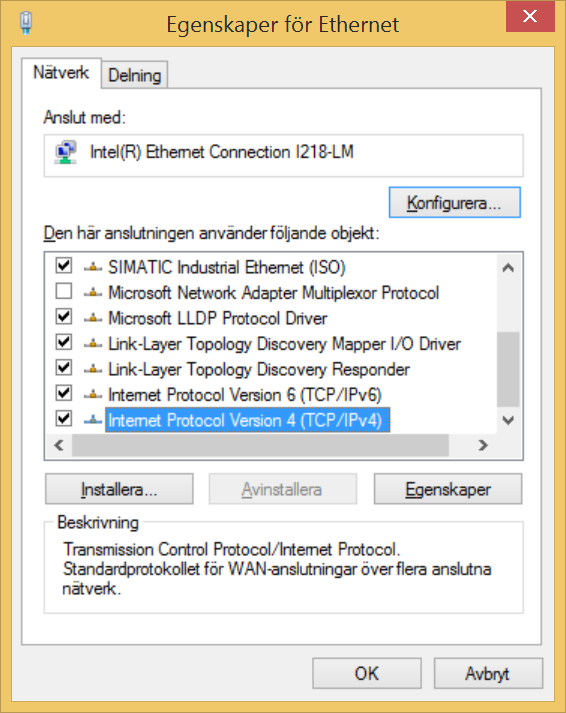 Högerklicka på Ethernet och välj Egenskaper Markera Interner Protocol Version 4 (TCO/IPv4) och