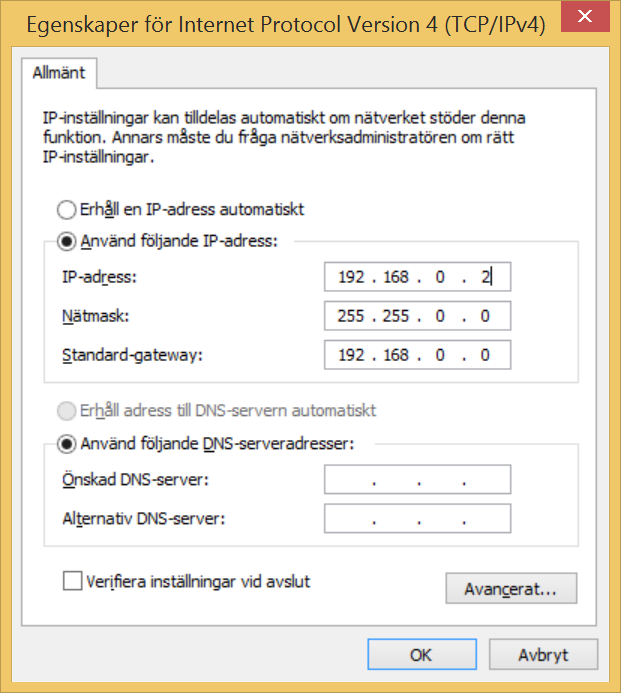 Sätt IP-adressen till 192.168.0.