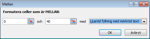 Klicka på alternativet Regler för markering av celler och välj alternativet Mellan: Ställ in värden enligt bilden nedan, när du kommer till med väljer kan man välja olika förinställda format men det