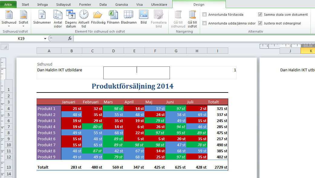 SIDHUVUD OCH SIDFOT Även i Microsoft Excel finns möjligheten att använda Sidhuvud och sidfot, detta verktyg är till för information som skall visas på samtliga sidor vid en ev.