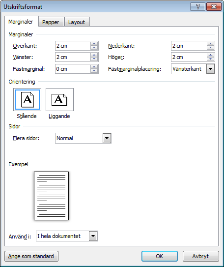 Alternativt kan du klicka på knappen Utskriftsformat, eller så kan man klicka i den grå zonen vid linjalen och aktivera Utskriftsformatet: Ändra marginalerna enligt bilden: observera att du också här