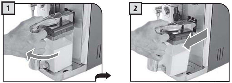 I detta läge är kannans anslutningshål (A) under maskinanslutningen (C). Kannans styrstift (B) befinner sig på samma höjd som maskinens styrslitsar (D).