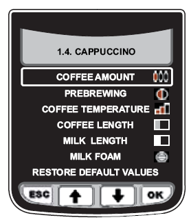 Här beskrivs hur en cappuccino programmeras. Val för att hantera mjölk finns inte då espresso eller kaffe programmeras. MÄNGD KAFFE Här programmeras mängden av kaffebönor som maskinen kommer att mala.
