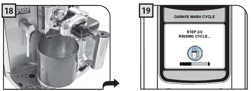 Hålen (A) i karaffen ska nu befinna sig under plaströren (C) i maskinen. Karaffens styrpinnar (B) ska vara på samma höjd som slitsarna (D) i maskinen.