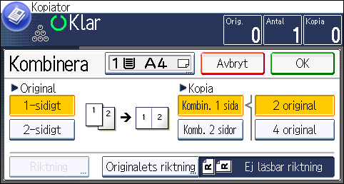 3. Copy 7. Tryck på [Komb. 2 sidor]. 8. Tryck på [Riktning]. 9.