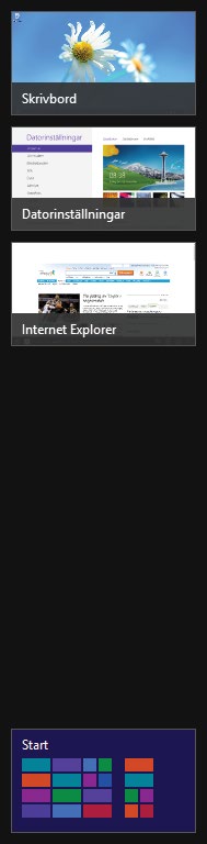 Om du visar listan när du arbetar i en app visas även miniatyrbilden Start (Start) längst ner i listan. Klicka på den för att växla till startskärmen. Endast de senast använda apparna visas i listan.