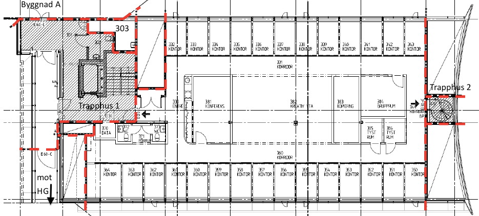 Figur 5 Brandcellsindelning, plan 2. (Lovén. F, 2012). För brandcellsindelning på plan 3, se figur 6.