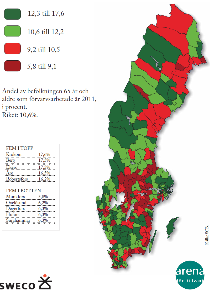 Äldre i arbetslivet År 2011 förvärvsarbetade 10,6 procent av befolkningen som var äldre än 65 år. Andelen äldre i arbetslivet är hög i Stockholmsregionen och i Jämtland.