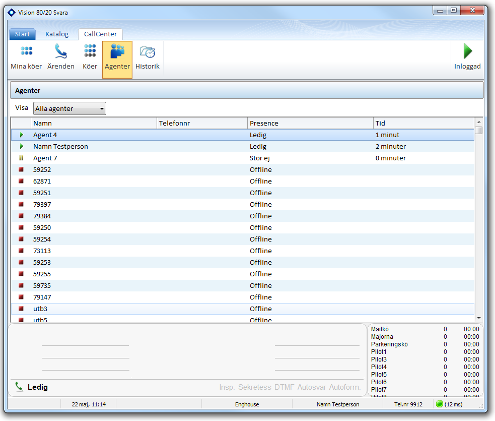 Visionutveckling 56 Om man använder sig av piltangenterna för att välja önskad kö och sedan trycker Enter kommer ett fönster med en lista över agenter som är inloggade i kön.