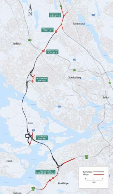 Förbifart Stockholm Längd: Tunnel: Restid: Antal körfält: Trafikplatser: drygt 21 km drygt 18 km ca 15 min tre i