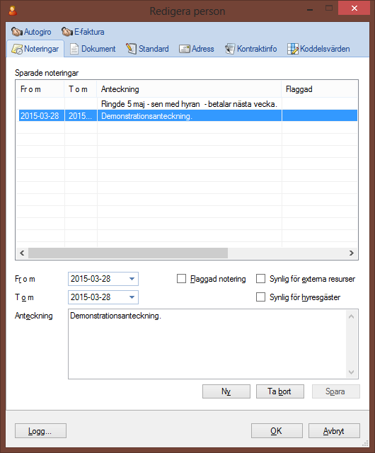 FLIK FÖR TIDSSTYRDA NOTERINGAR I dialogen för att redigera personer finns numera en flik Noteringar. I fliken kan tidsstyrda noteringar på personen skapas, redigeras och tas bort.
