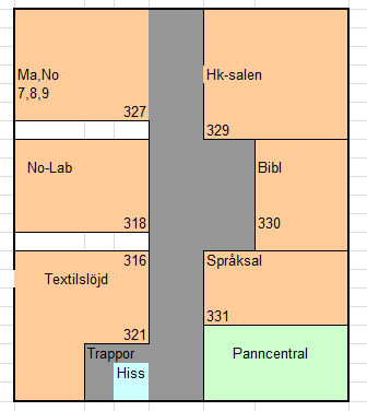 Övre plan På Myranskolan finns 6 klassrum och 6 små grupprum. Även 9 specialsalar samt bibliotek och aula. Skolan har dessutom tillgång till följande specialsalar på skolområdet: Ma/No/Bl /Lab.