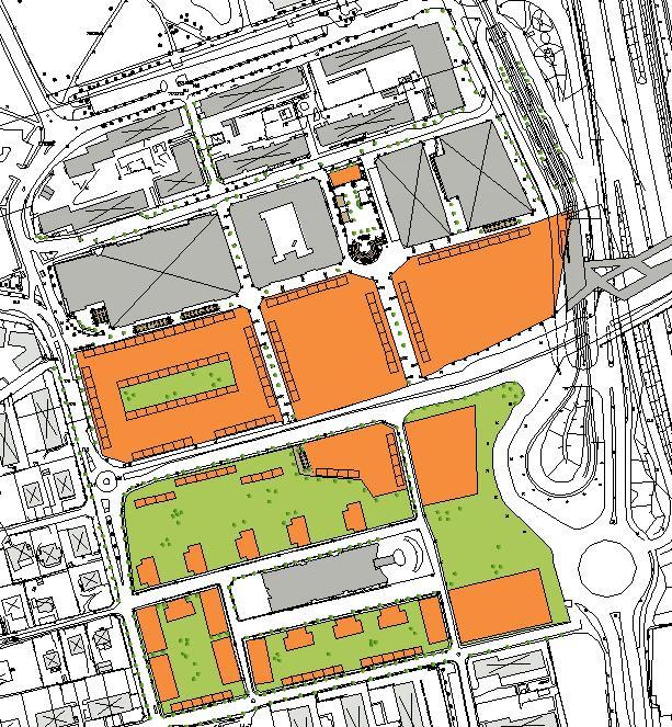 Mölndals centrum enligt stadsbyggnadskontorets planförslag: Karaktäristiskt för stadsbyggnadskontorets planförslag är den nya centrumbyggnaden (A), ett bostadstorn (B) samt ett helt nytt