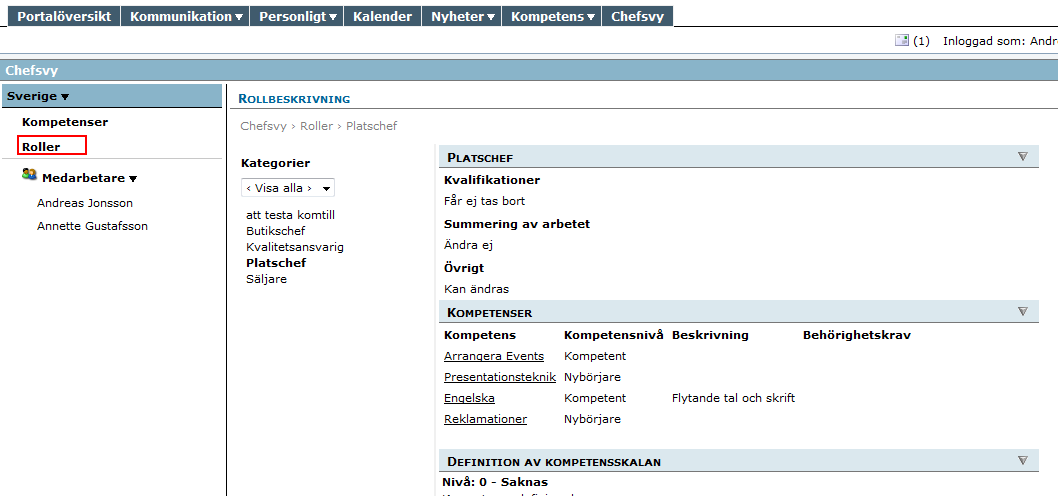 10.2.2. Roller Här kan chefen få en översikt över avdelningens roller utan att behöva logga in i administrationsverktyget.