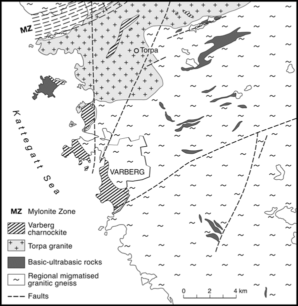 Fig. 2. Regional geologi av Svekonorwegiska bältet. Varbergscharnockiten är placerad i det Östra Segmentet direkt söder om Mylonitzonen (omarbetat från Bingen et al 2008). Fig. 3.