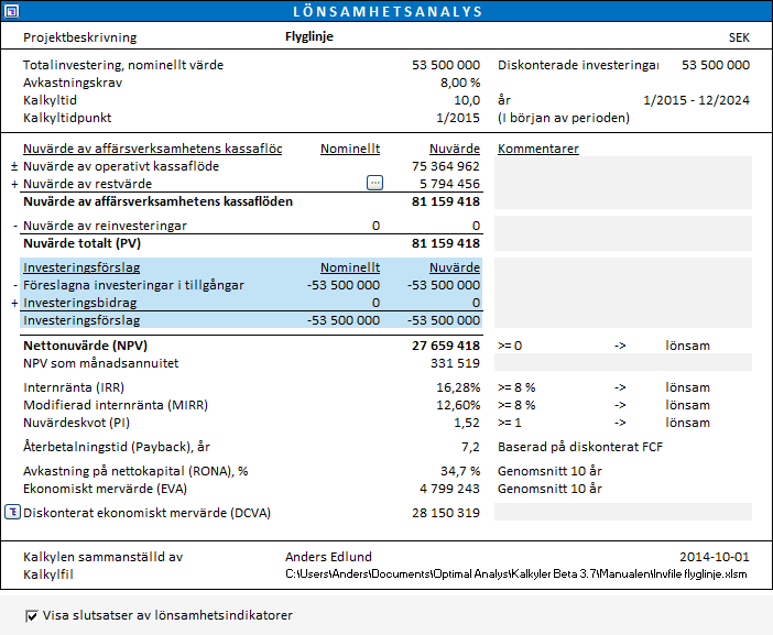 4 Resultat 4.1 Lönsamhetsanalys Tabellen visar den totala lönsamheten över kalkyltiden för investeringen, projektet eller verksamheten: Genom att avmarkera rutan tar man bort programmets kommentarer.