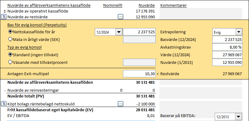 4.1.2.2 Antagen exitmultipel När man använder evig konsol/extrapolering beräknas en antagen exitmultipel automatiskt och visas längst ned i rutan.