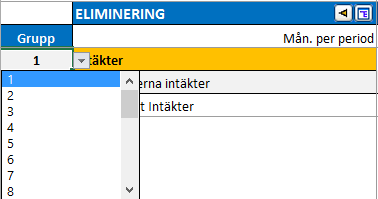 Man kan gruppera elimineringar som ett sätt att endast använda vissa elimineringar genom att markera rutan Gruppera. En gruppkolumn visas till vänster. Man kan välja upp till 25 grupper att eliminera.