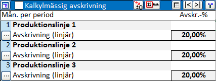 Välj de investeringsrader för vilka avskrivningsoptionerna ska användas: Alla avskrivningsoptioner kan tillämpas i denna funktion, förutom fortsatta avskrivningsplaner för gamla investeringar.