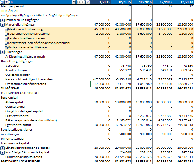 3.2.14 Balansräkning (Pro-och Enterprise-version) I investeringskalkylering är balansräkningen i allmänhet en rapport som kompletterar kalkylen.