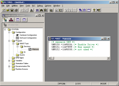 Projektering och idrifttagning Projektering av master (Modbus-scanning) 4 Programframtagning Lägg in en ny sektion i PL7 PRO, i Application Browser under Station / Program / Mast Task / Sections.