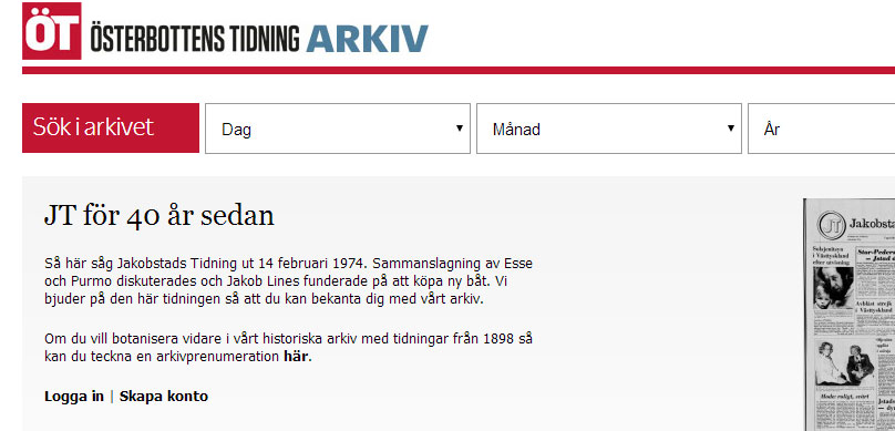 Arkivet via webbläsare Så här fungerar vårt historiska arkiv Gå in på startsidan www.ot.fi och klicka på länken ÖTs historiska arkiv.