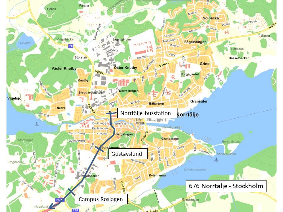 4.2 676 676 som trafikerar Norrtälje busstation Tekniska högskolan är en stomlinje och har en mycket hög turtäthet och är den primära kollektivtrafikslänken mellan Norrtälje och Stockholm.