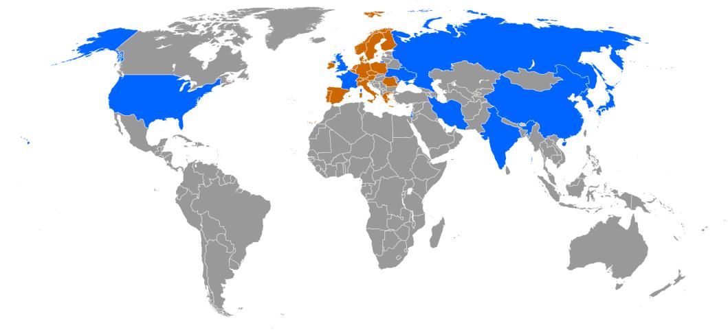 Figur 2 Länder som har eller har haft egen uppskjutningskapacitet av satelliter (blått) samt länder med uppskjutningskapacitet via den europeiska organisationen ESA (European Space Agency; orangea).