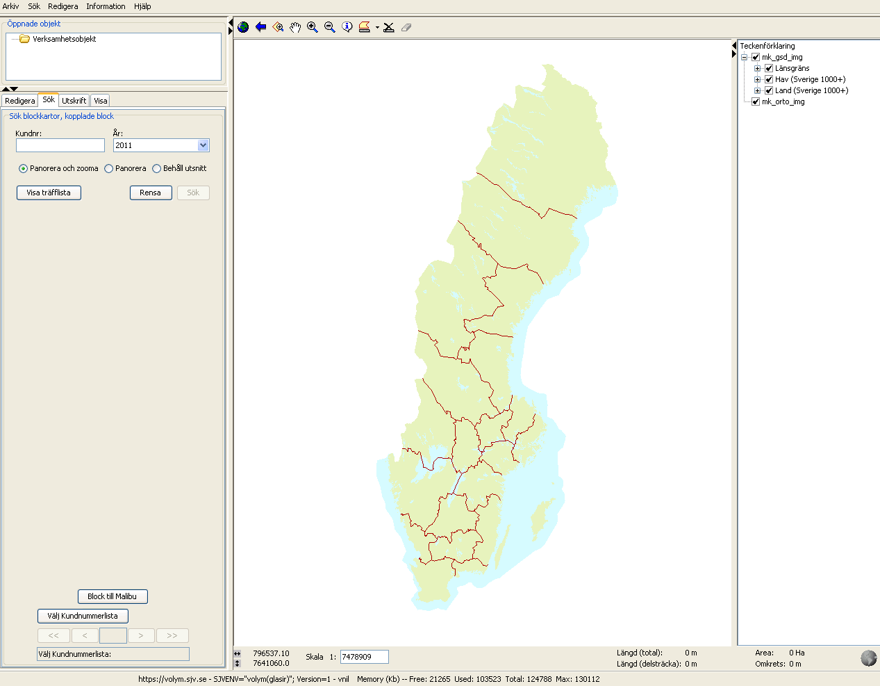 2 Översikt Menyrad Knappar Objektlista Teckenförklaring (TOC) Redigera attribut /Sök/Utskrift/visaformulär Kartbild Informationsrad När man öppnar Multikuben får man upp följande bild (gränssnitt). 2.