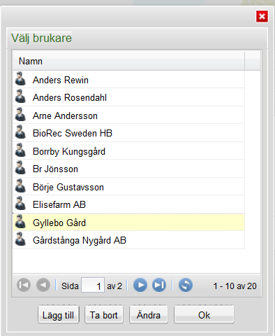 Fönstret som visas är nu listan med Brukare Markera och välj namn genom att klicka på namnet som nu finns i listan.