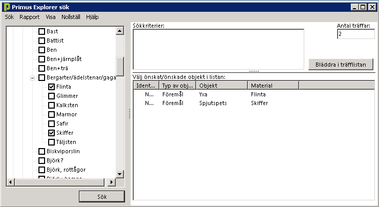 Figur 37: PrimusExplorer, material Man klickar i rutan till vänster om de kriterier som ska ingå i sökningen och därefter på knappen Sök.