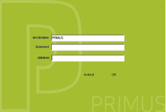 2 Huvudelement och funktioner 2.1 Användarnamn och tillgång När man startar Primus kommer det upp en dialogruta där användaren ska skriva in användarnamn, lösenord och databas.