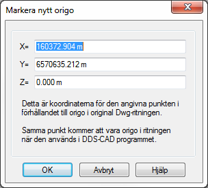 8 Kapitel 16 Situationsplan DDS-CAD Arkitekt 10 För att byta origopunkt i DWG välj markera nytt origo Dialogen för aktuellt