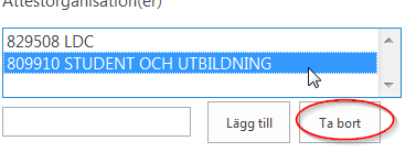Ange organisation/enhet För varje enhet man lägger upp kommer det skapas en behörighet under behörighetsöversikten under Tilldelade behörigheter.