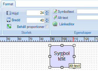 2.3.10. Addera text Text adderas i textfältet som finns på fliken Format. Texten visas inne i symbolen. Textfält Alt-text fält Symboltext Standarplacering av texten är i symbolens mitt.