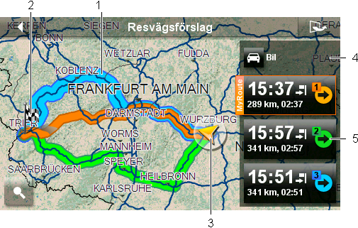 MyReport: Öppnar MYREPORT. Öppnar ett fönster där du kan rapportera förändringar vad gäller trafikövervakningsanläggningar och trafikens omledning direkt till NAVIGON. 2D/3D: Växlar mellan 2D och 3D.