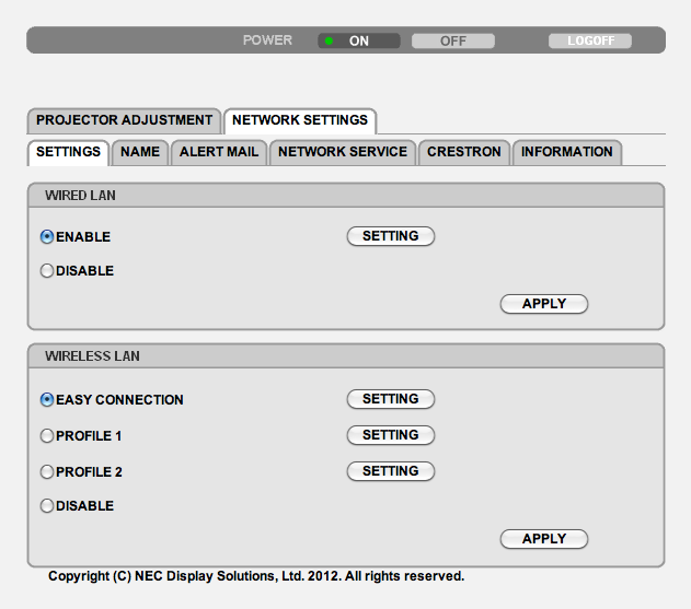 3. Behändiga funktioner NÄTVERKSINSTÄLLNINGAR SETTINGS WIRED eller WIRELESS SETTING APPLY DHCP ON DHCP OFF IP ADDRESS SUBNET MASK GATEWAY AUTO DNS ON AUTO DNS OFF Inställning för WIRED LAN ENABLE