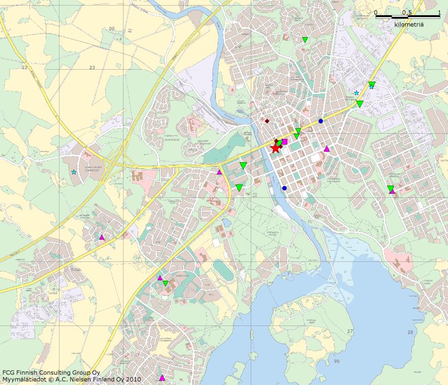 Konsekvensbedömning av projekt inom handeln för detaljplanering 9 Dagligvaruhandelns försäljningseffektivitet ( /m 2 fy/år) i Borgå och i hela Borgåregionen var år 2010 betydligt högre än i hela