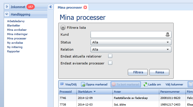 3(11) Mina initieringar - filtrering Listan Mina initieringar i myndighetssystemet har varit lite svårarbetad då det inte på något sätt har gått att filtrera sökresultatet.