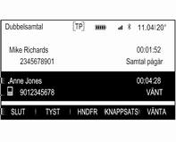 116 Telefon Ett andra inkommande samtal Ett meddelande med namn eller nummer för personen som ringer visas. Tryck på VXL för att besvara det andra telefonsamtalet och väntkoppla det första samtalet.