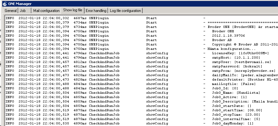 Log Här visas loggen för programmet. I konfigurationsfilen log4net.config kan man ställa in vad loggfilen ska heta och var den ska hamna.