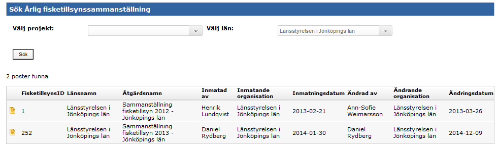 Söka sammanställning av fisketillsyn För att söka ut en årlig fisketillsynssammanställning väljer man alternativet Årlig Fisketillsynssammanställning under sökmenyn.