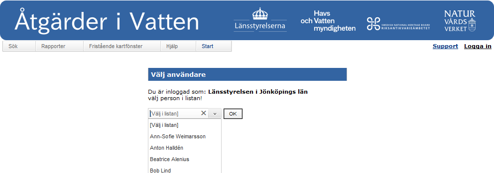 Logga in Åtgärder i Vatten För att skapa en sammanställning behöver man vara inloggad i Åtgärder i Vatten (http://atgarderivatten-intern.lansstyrelsen.se).