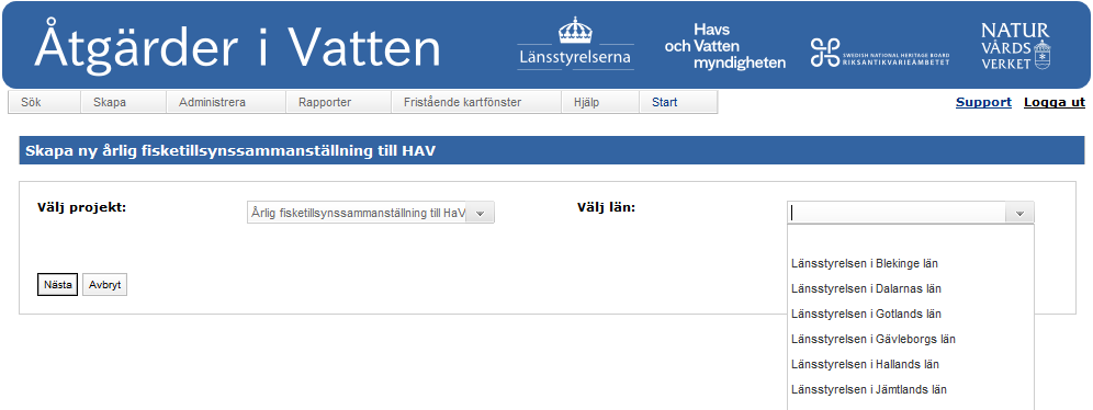 Skapa sammanställning av fisketillsyn För att skapa en ny sammanställning för fisketillsyn väljer man detta under menyn Skapa Man behöver sedan välja projekt till vilken sammanställningen ska knytas.