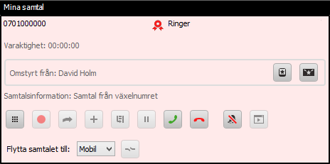 Exempel från Tele2 Växel Softphone Samtalet inkommer från För att komma till växeln, tryck 1 i telefonsvararen för användaren David Holm.