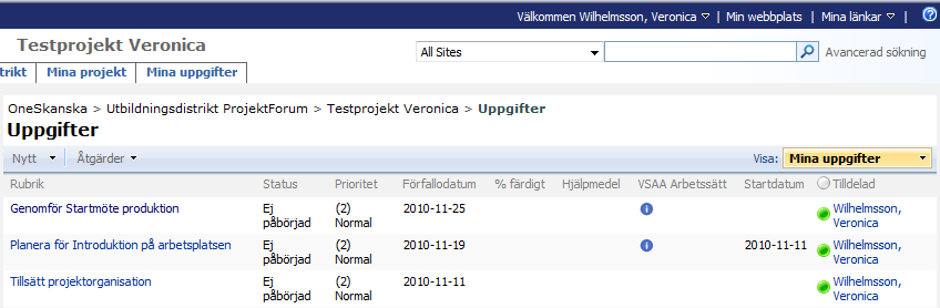 Figur 11 Listan uppgifter på projektets arbetsyta. Användaren kan även se hur många procent av uppgiften som är slutförd, och gå in i VSAA för att läsa mer om det aktuella arbetssätet för uppgiften.