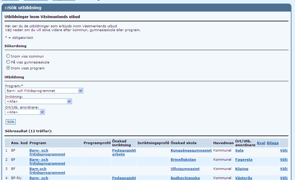 Inom visst program Väljs denna sökordning så kommer följande kriterier upp; Här är Program obligatoriskt.