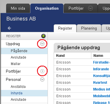 Menyerna under underflikarna kan antingen visas till vänster på skärmen eller så kan de visas som en utfälld meny under aktuell underflik.